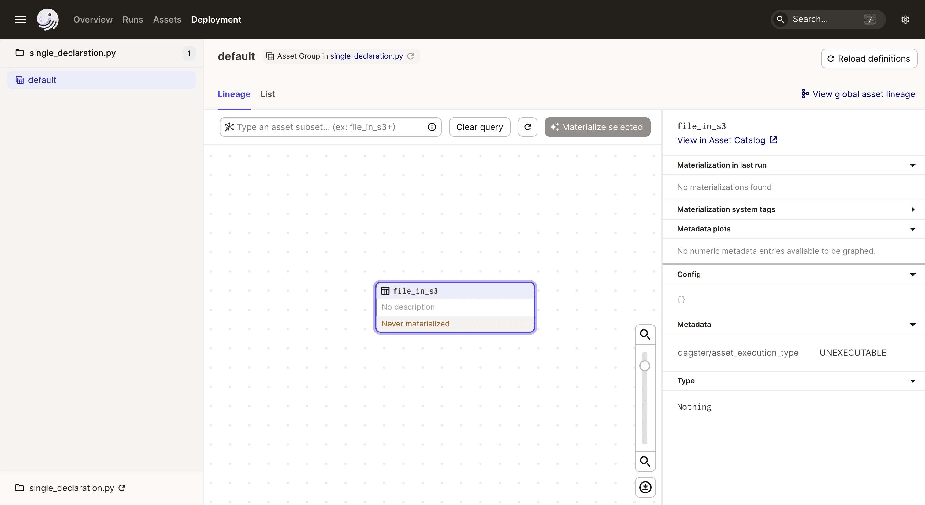 The files_in_s3 external asset in the Asset Graph of the Dagster UI